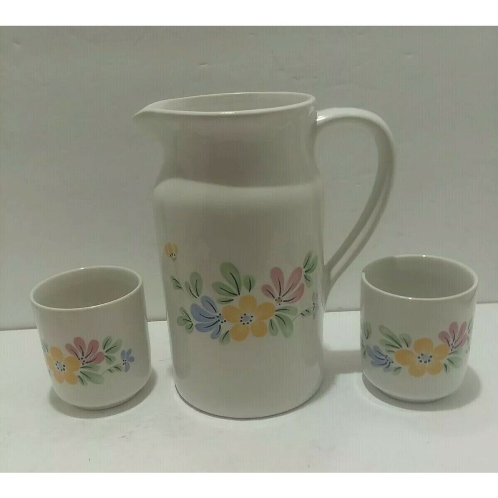 CERAMIC Crowning Touch Pitcher and 2 Cups Pastel Floral Design 3 Piece Set